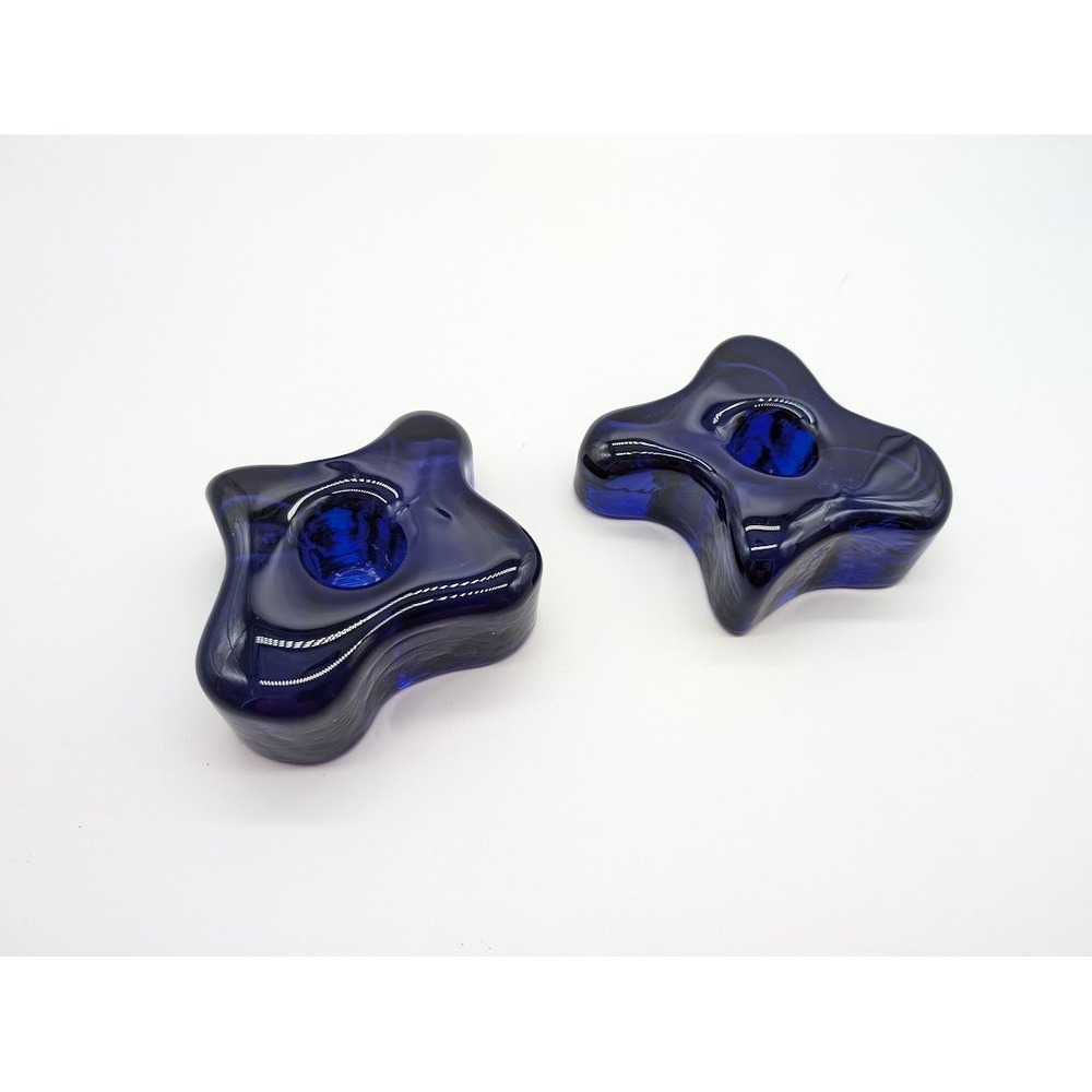 2‎ Set Vintage Blenko 70s Freeform Candlestick Holders Art Glass MCM Cobalt Blue